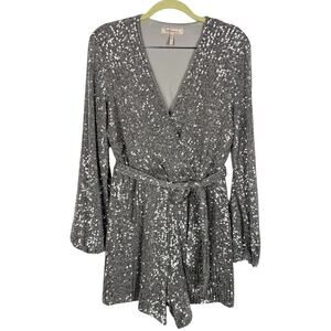 BCBGenerations Sequin Wrap Romper Bow Tie Up Puffer Sleeve Lined 6 Glam Holiday